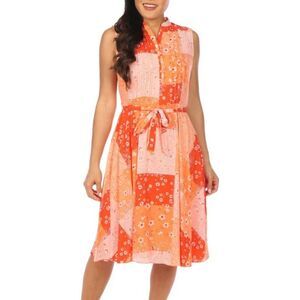 🧺Nanette Lepore Sleeveless Floral Splitneck Patchwork Midi Orange Dress, size 12